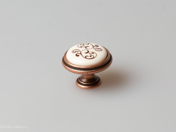 P77 мебельная ручка-кнопка античная медь с керамической вставкой цвета слоновой кости с рисунком